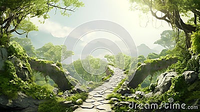 AI illustration of a winding pathway leads through a lush forest of green moss. Cartoon Illustration