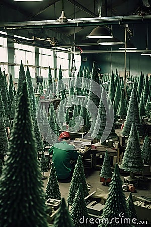An AI illustration of a worker arranges christmas trees in the factory for decoration Cartoon Illustration