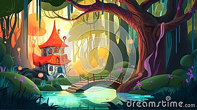 Ai-Image Generative Cartoon fairy tale castle with a vibrant background close to a little bridge Stock Photo