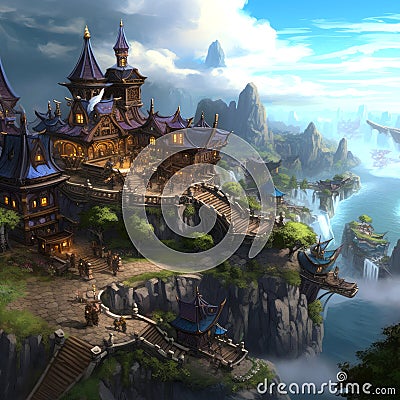 Ai image generative a historical video game concept huge castle on hilltop near ocean Stock Photo