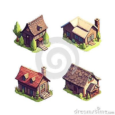 Ai Image Generative icons of set of four isometric wooden house. Stock Photo