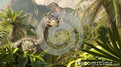 AI imagination of a Dilophosaurus dinosaur. AI generated Stock Photo