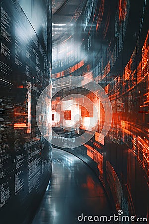 AI Lab Chaos, A whirlwind of AI code swirls through a lab with flickering digital screens, illustrating the instability of Stock Photo