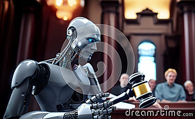 AI Lawyer chatbot. Robot lawyer in court. Stock Photo