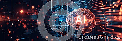 AI letters inside digital brain on dark background. Concept of artificial intelligence, circuit elements and technology Stock Photo