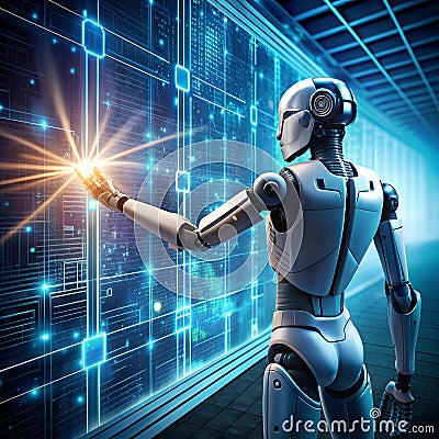 AI, Machine learning, Hands of robot and human touch on big data network connection of brain AI, Data exchange, deep Stock Photo