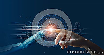 AI, Machine learning, Hands of robot and human touching on big data network connection background, Science and artificial Stock Photo