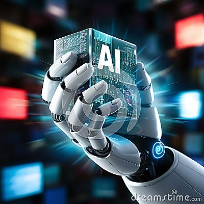 AI, machine learning, human and robot hands interacting with massive amounts of data connected to a global network Stock Photo
