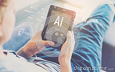 AI with man using a tablet Stock Photo