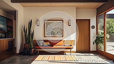 Mid-Century modern home interior vestibule, Featuring clean, organic shapesfunctionality,blends retro modern elements Stock Photo