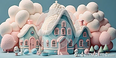 cute candyland with blue houses, ai generative Cartoon Illustration