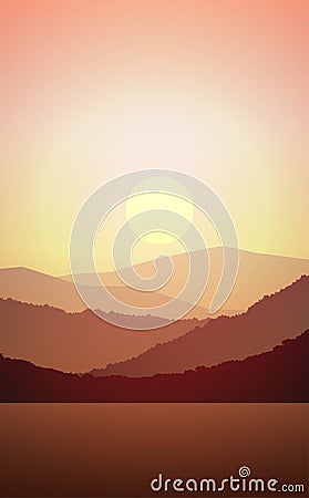 Mountains lake and river landscape silhouette tree horizon Landscape wallpaper Sunrise and sunset Illustration vector style. Vector Illustration