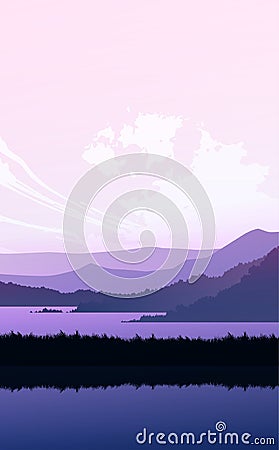 Mountains lake and river landscape silhouette tree horizon Landscape wallpaper Sunrise and sunset Illustration vector style. Vector Illustration