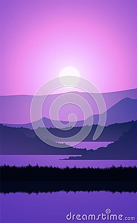 Mountains lake and river landscape silhouette tree horizon Landscape wallpaper Sunrise and sunset Illustration vector style. Vector Illustration