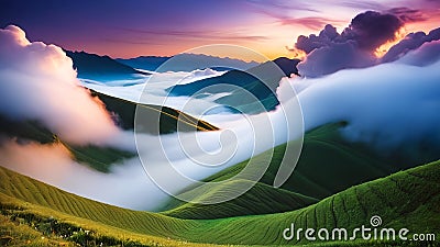 Beautiful sunrise in the mountains. Landscape with green hills and clouds. AI generated. Stock Photo