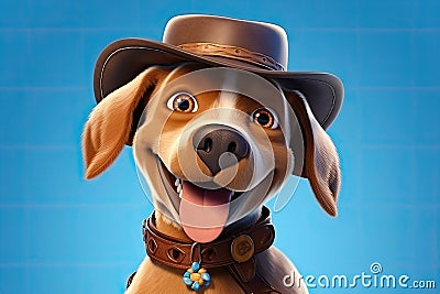 Paws in the Wild West: A 3D-Rendered Dog's Cowboy Adventure on Blue Gradient Background Stock Photo