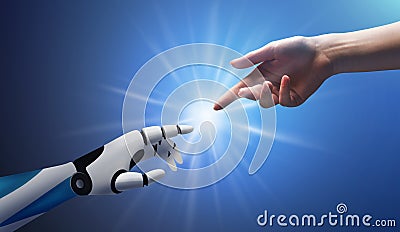 AI and people. Human and robotic hand reaching each other over blue background Stock Photo