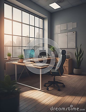 AI photo of the interior atmosphere of a neat and orderly office room. Stock Photo