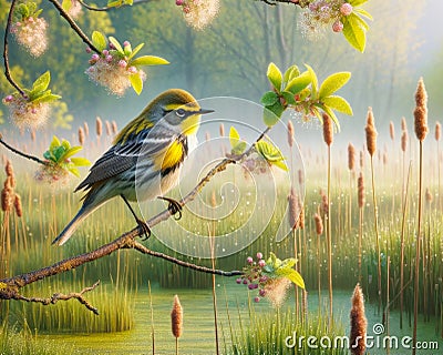 A Single Yellow Rumped Warbler Perched Marsh Bulrush Springtime Morning Sunrise Small Bird AI Generated Stock Photo