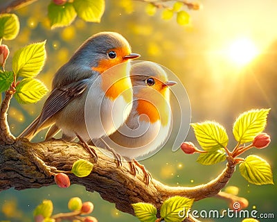 Two Cute Colorful European Robins Springtime Morning Sunrise Tree Branch Small Birds AI Generated Stock Photo