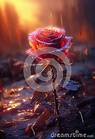 AI photograph of a red rose under the rain Stock Photo