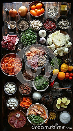 AI photography, A dark wooden table filled with condiments Stock Photo