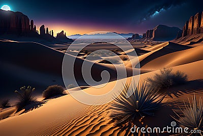 Ai portrays a desert at night, with vivid and realistic colors Stock Photo