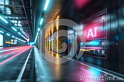 AI Powered Business Professional Using Holographic Data Interface in Modern Office Setting Stock Photo