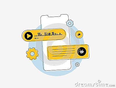 AI-powered chatbots for business. Customer support automation with robot icons and audio message bubbles. Futuristic Vector Illustration
