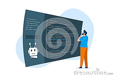 AI-Powered Code Generation Review Concept. Ensuring Accurate and Efficient Programming. A human programmer studies code Vector Illustration
