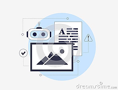 AI-powered content moderation automates filtering of harmful or inappropriate posts, photos and comments on social Vector Illustration