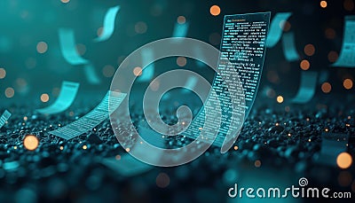 AI powered document analysis tech. Machine learning algorithms extract data from unstructured documents in futuristic digital Stock Photo