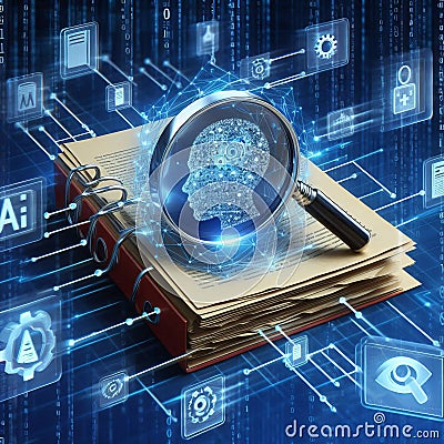 AI Powered Document Search Documents connected to AI algorithms Cartoon Illustration