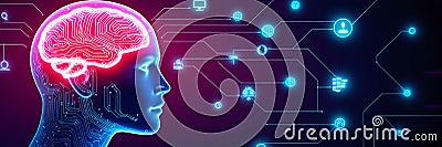 AI-powered humanoid head with neural networks processes data, artificial intelligence deciphers large data sets. Cyber mind Stock Photo