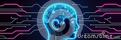 AI-powered humanoid head with neural networks processes data, artificial intelligence deciphers large data sets. Cyber mind Stock Photo