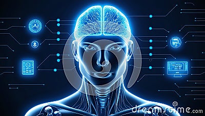 AI-powered humanoid head with neural networks processes data, artificial intelligence deciphers large data sets. Cyber mind Stock Photo