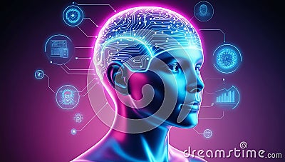 AI-powered humanoid head with neural networks processes data, artificial intelligence deciphers large data sets. Cyber mind Stock Photo