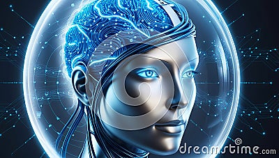 AI-powered humanoid head with neural networks processes data, artificial intelligence deciphers large data sets. Cyber mind Stock Photo