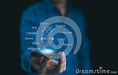 AI-Powered Language Translate App Concept. A person holds smartphone displaying an AI powered language translation app. Screen Stock Photo