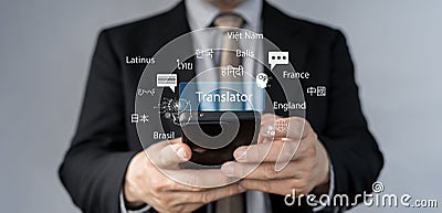 AI-Powered Language Translate App Concept. A person holds smartphone displaying an AI powered language translation app Stock Photo