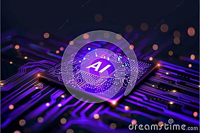 AI powered microchip with glowing elements, symbolizing advanced technology, innovation, and dynamic data processing in a high Stock Photo