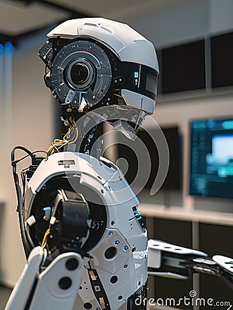 An AIpowered robot scanning and repairing vulnerabilities in a simulated network environment Stock Photo