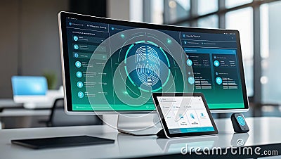 AI powered security dashboard with hologram interface showcasing seamless biometric scans and advanced monitoring features, Stock Photo