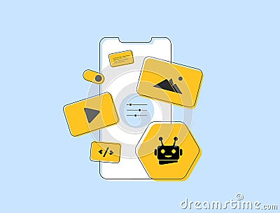 AI-powered website development automating homepage layout, HTML design, and web content creation. SEO optimization, UI Vector Illustration