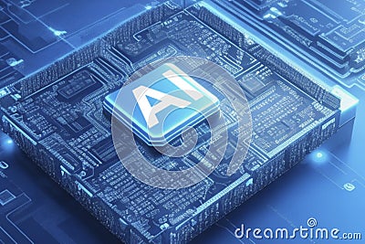AI processor generator text to image of intelligence, prompt for generates, light blue, 3d render and artificial intelligence Stock Photo