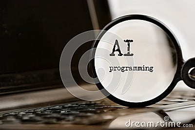 AI programming technology demonstrated with laptop, text and magnifying glass and command prompt. Chat with artificial Stock Photo