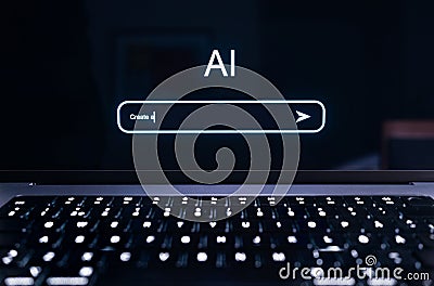 AI prompt in chat screen. Artificial intelligence in generative chatbot. Command to generate text or image with new tech. Stock Photo