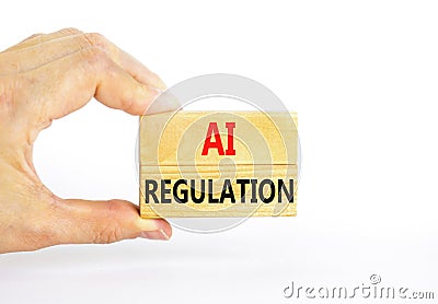 AI regulation symbol. Concept words AI artificial intelligence regulation on beautiful wooden block. Beautiful white background. Stock Photo