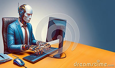 AI replacing jobs Illustration. Man vs. Machine - The Programmer's Dilemma. Evolving Workforce - Robots on the Job. Stock Photo