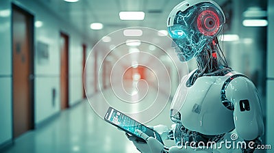 AI robot analyzes ghostly energy readings in an abandoned hospital with flickering lights and dark hallways Stock Photo